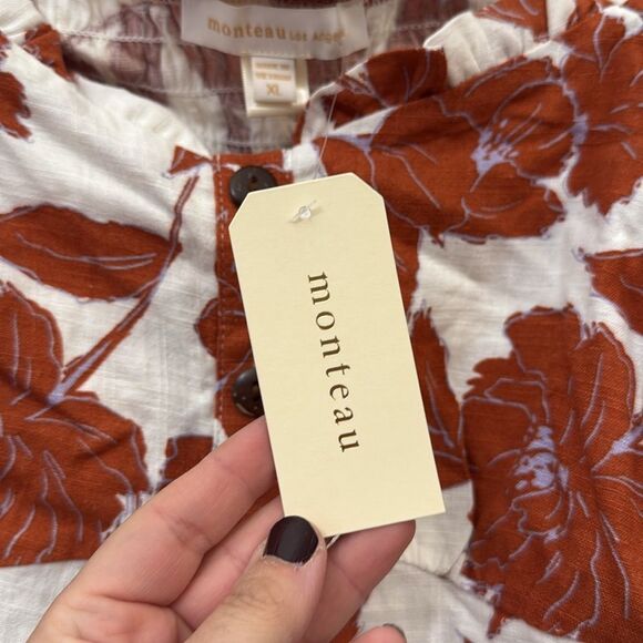 NWT Monteau Burnt Orange White Floral Boho Crop Peasant Button Front Top Blouse - Picture 2 of 5